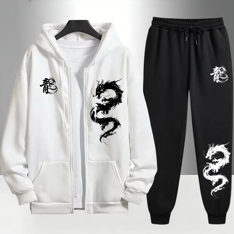 Men'S Fashion Zipper Hoodie - Conjunto de Moletom Masculino com Estampa