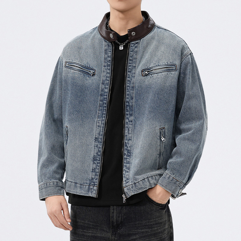 Men'S Fashion Leather Jacket - Jaqueta Jeans Masculina com Gola de