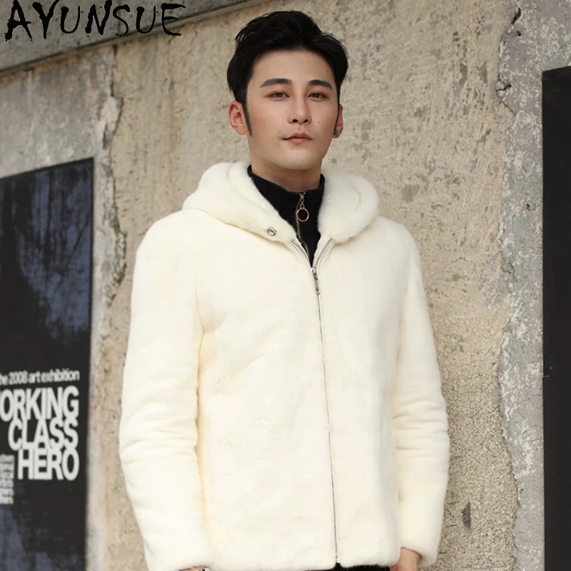 Men'S Fashion Zipper Hoodie - Casaco de Visom Natural AYUSNUE para