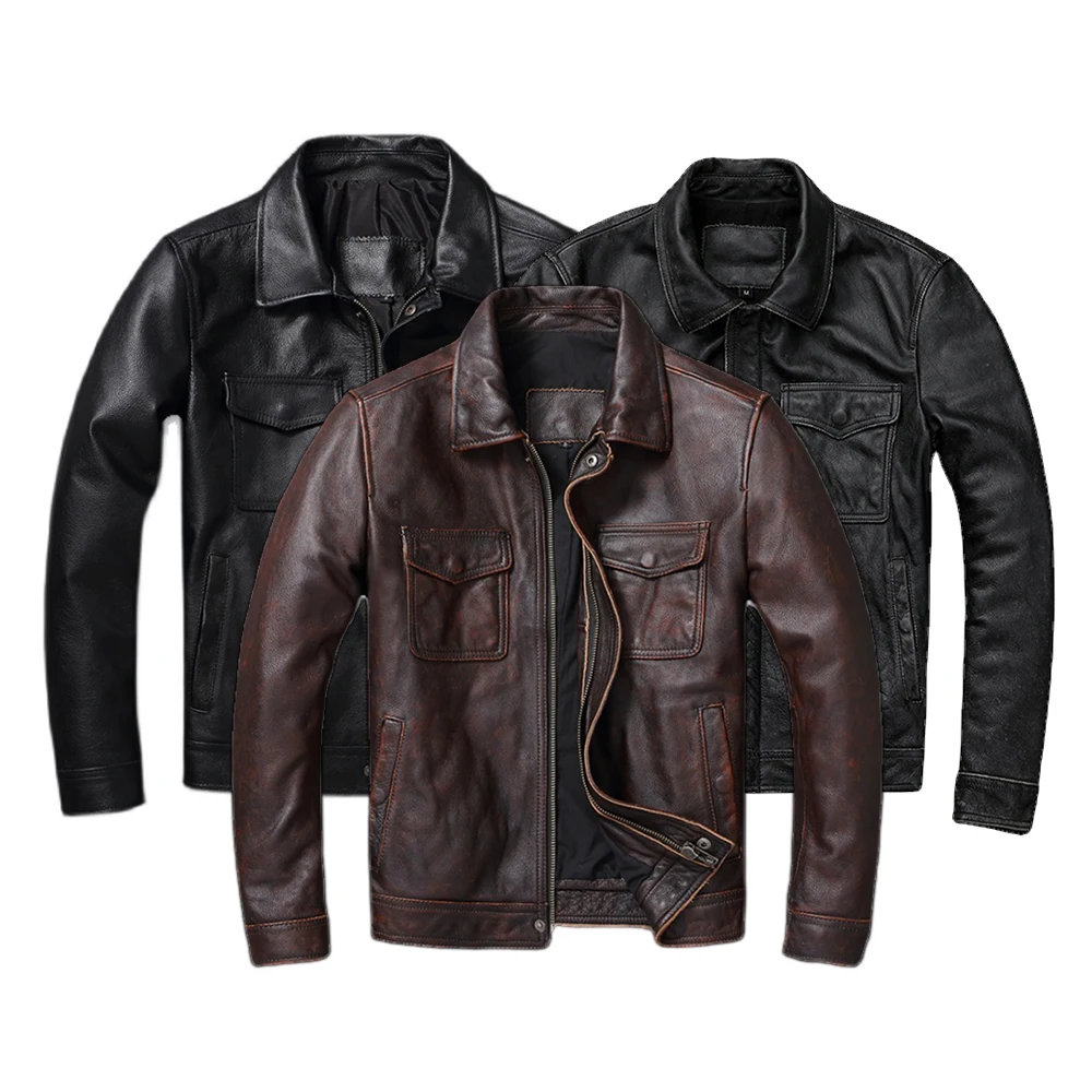 Men'S Fashion Leather Jacket - Jaqueta de couro genuíno marrom e